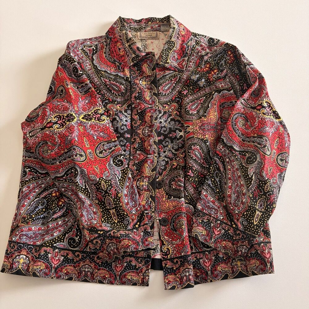 Life Style Women’s Paisley Abstract Button Down Collar 100% Cotton 1x Multicolor